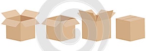 Set of open and closed boxes. Cardboard box. Vector illustration