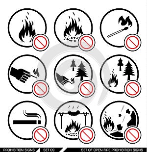 Set of open fire prohibition signs.