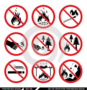 Set of open fire prohibition signs photo