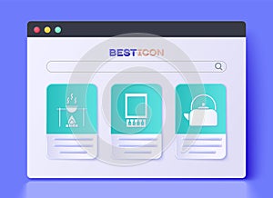 Set Open matchbox and matches, Campfire and pot and Kettle with handle icon. Vector