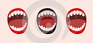 set of open mouths with broken and healthy teeth, vector flat illustration