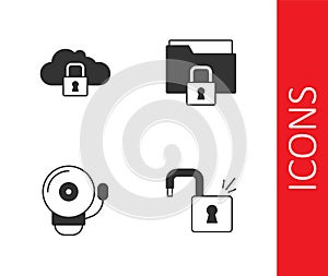 Set Open padlock, Cloud computing, Ringing alarm bell and Folder and icon. Vector