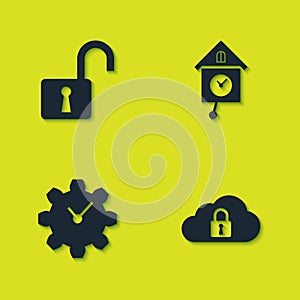 Set Open padlock, Cloud computing, Time Management and Retro wall watch icon. Vector