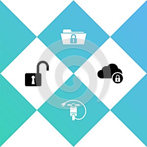 Set Open padlock, Electric scooter, Folder and and Cloud computing icon. Vector