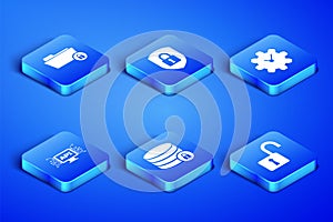Set Open padlock, Folder and, Server security with, Computer api interface, Shield and Time Management icon. Vector
