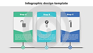 Set Open padlock, Key and Crowbar. Business infographic template. Vector