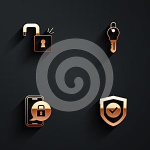 Set Open padlock, Key, Mobile with closed and Shield check mark icon with long shadow. Vector