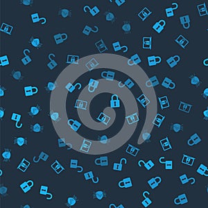 Set Open padlock, Laptop and, Lock and Cyber security on seamless pattern. Vector