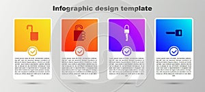 Set Open padlock, Safe combination, Locked key and Key. Business infographic template. Vector