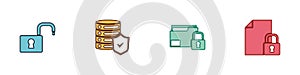 Set Open padlock, Server with shield, Folder and and Document icon. Vector