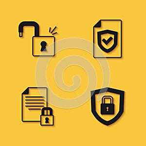 Set Open padlock, Shield security with, Document and and Contract shield icon with long shadow. Vector