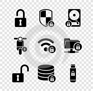 Set Open padlock, Shield security with, Hard disk drive and, , Server and USB flash icon. Vector