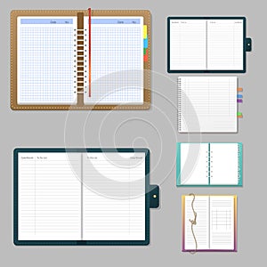 Set of open realistic notebooks with pages diary office sheet template booklet and blank paper education copybook