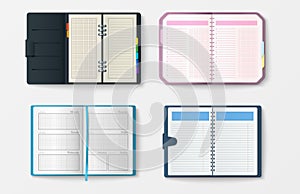 Set of open realistic notebooks with pages diary office sheet template booklet and blank paper education copybook