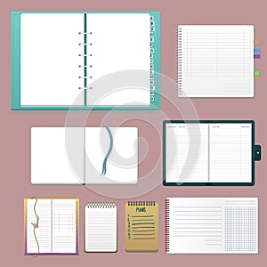 Set of open realistic notebooks with pages diary office sheet template booklet and blank paper education copybook