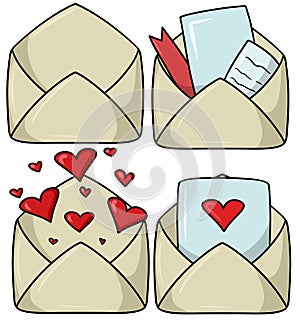 A set of open romantic envelopes in cartoon style, beautiful cute envelopes with hearts and declarations of love