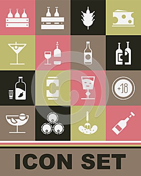 Set Opened bottle of wine, Alcohol 18 plus, Bottles, Hop, Wine with glass, Martini, wooden box and Beer icon. Vector