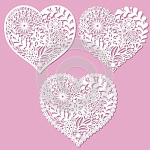 A set of openwork hearts with flowers.For laser cutting.