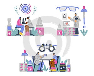 Set of ophthalmologists working flat style, vector illustration