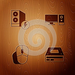 Set Optical disc drive, Case of computer, Computer mouse and monitor on wooden background. Vector
