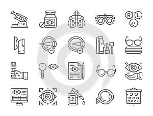 Set of Optometry Line Icons. Vitamins, Optical Clinic, Eye Surgery and more.