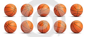 Set of orange basketball balls with leather texture in different positions