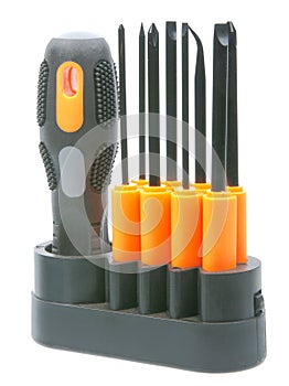 Set of orange-black screwdrivers with bits