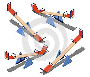 Set of orange and blue swing - balancers for children, for skating together, isometric vector illustration