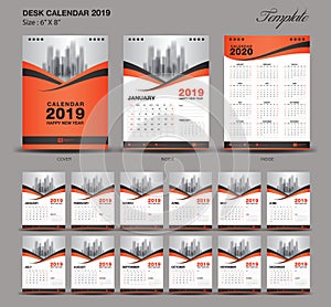 Set Orange Desk Calendar 2019 year size 6 x 8 inch template, Set of 12 Months, Week Starts Monday
