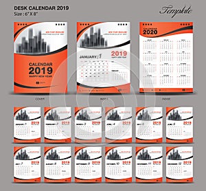 Set orange Desk Calendar 2019 year size 6 x 8 inch template, Set of 12 Months, Week Starts Monday, flyer