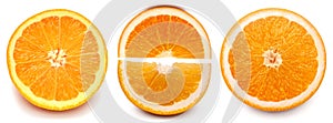 Set orange fruit half and slice isolated on white background. Creative healthy food concept. Nature, juice