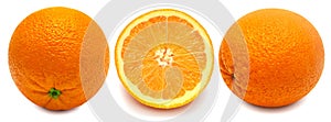 Set orange fruit half and whole isolated on white background. Creative healthy food concept. Nature, juice