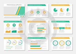 Set of orange and green template for multipurpose presentation slides with graphs and charts. Leaflet, annual report