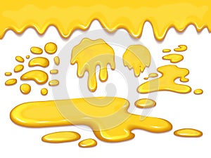 Set of orange honey drops and yellow splashes healthy syrup golden food liquid drip vector illustration.