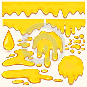 Set of orange honey drops and yellow splashes healthy syrup golden food liquid drip vector illustration.