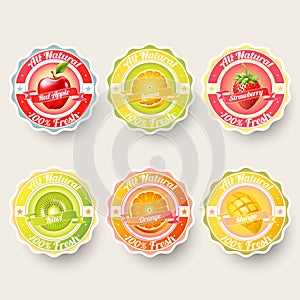 Set of orange, lemon, strawberry, kiwi, apple, mango juice,smoothie, milk, cocktail and fresh labels splash.