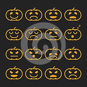 Set of orange pumkin emoticons, emoji and avatar. Halloween - 31 october.