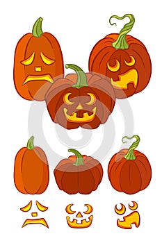 Set of orange pumpkins with different facial expressions isolated on white background.