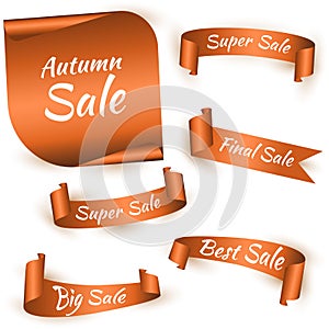 Set of orange ribbon for autumn sale. Paper scrolls. Autumn concept. Ribbon or sticker. Vector illustration. EPS10