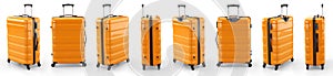 A set of orange suitcases on a white background. 3D rendering illustration.