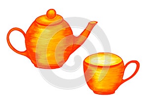 Set of orange tea ware. Teapot and cup. Isolated watercolor illustration on a white background. Tea time. For menu design, cafe