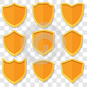 Set of orange vector shields in 3D style with shadow