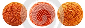 Set of orange yarn balls isolated on a transparent background. Three knitting wool skeins in different shades of orange photo
