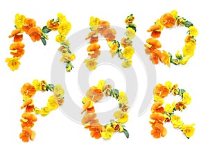 set of orange yellow flower, created letters and alphabet for greeting card, present, birthday gift and mail, M N O P Q R