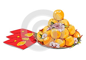 Set of oranges for cerebrate or praying with red envelope on white background.