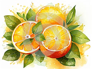 set of oranges in watercolor style on a white background, vitamin c against ailments and flu