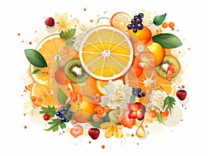 set of oranges in watercolor style on a white background, vitamin c against ailments and flu