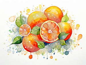 set of oranges in watercolor style on a white background, vitamin c against ailments and flu