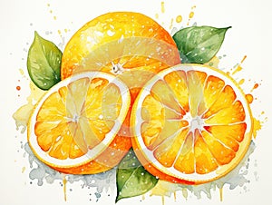 set of oranges in watercolor style on a white background, vitamin c against ailments and flu