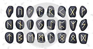 Set of ordered celtic or anglo saxon elder futhark runes alphabet carved on stones. Nordic or norse, germanic font photo